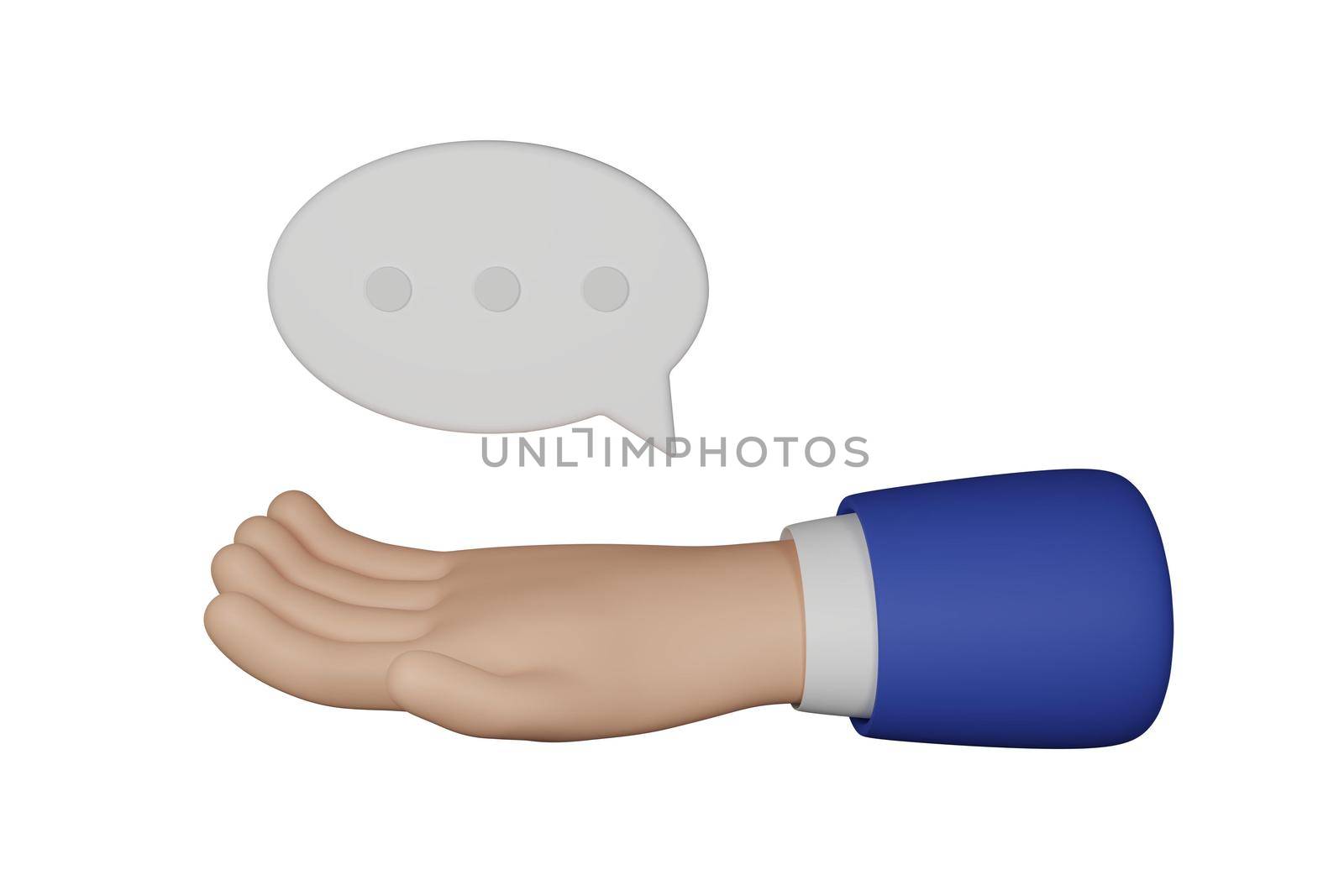 3D Cartoon businessman character hand holds a speech bubble isolated on white background. Hand gesture friendly funny style. 3d rendering.