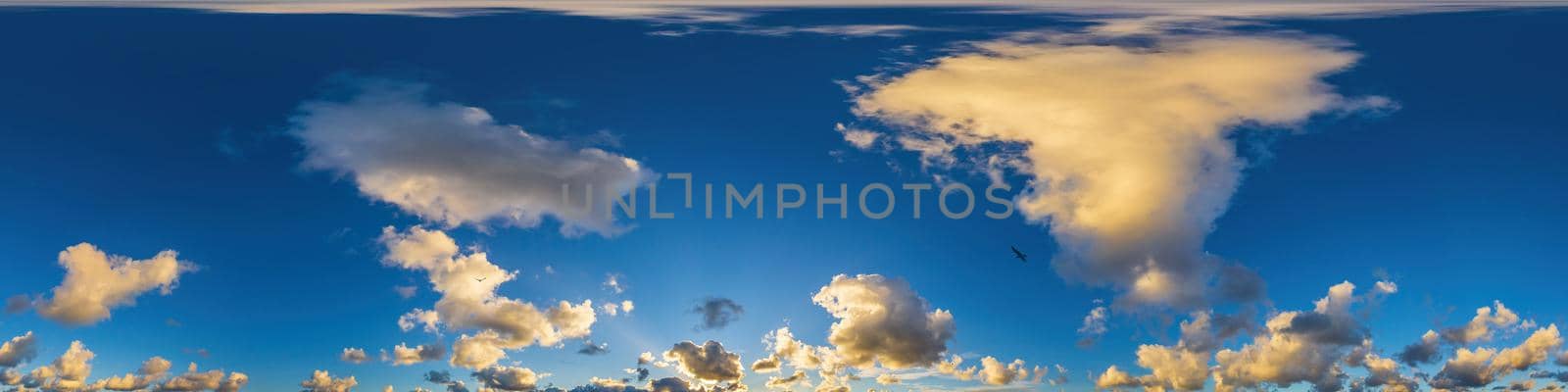 Sky panorama with Cirrus clouds in Seamless spherical equirectangular format. Full zenith for use in 3D graphics, game and editing aerial drone 360 degree panoramas for sky replacement