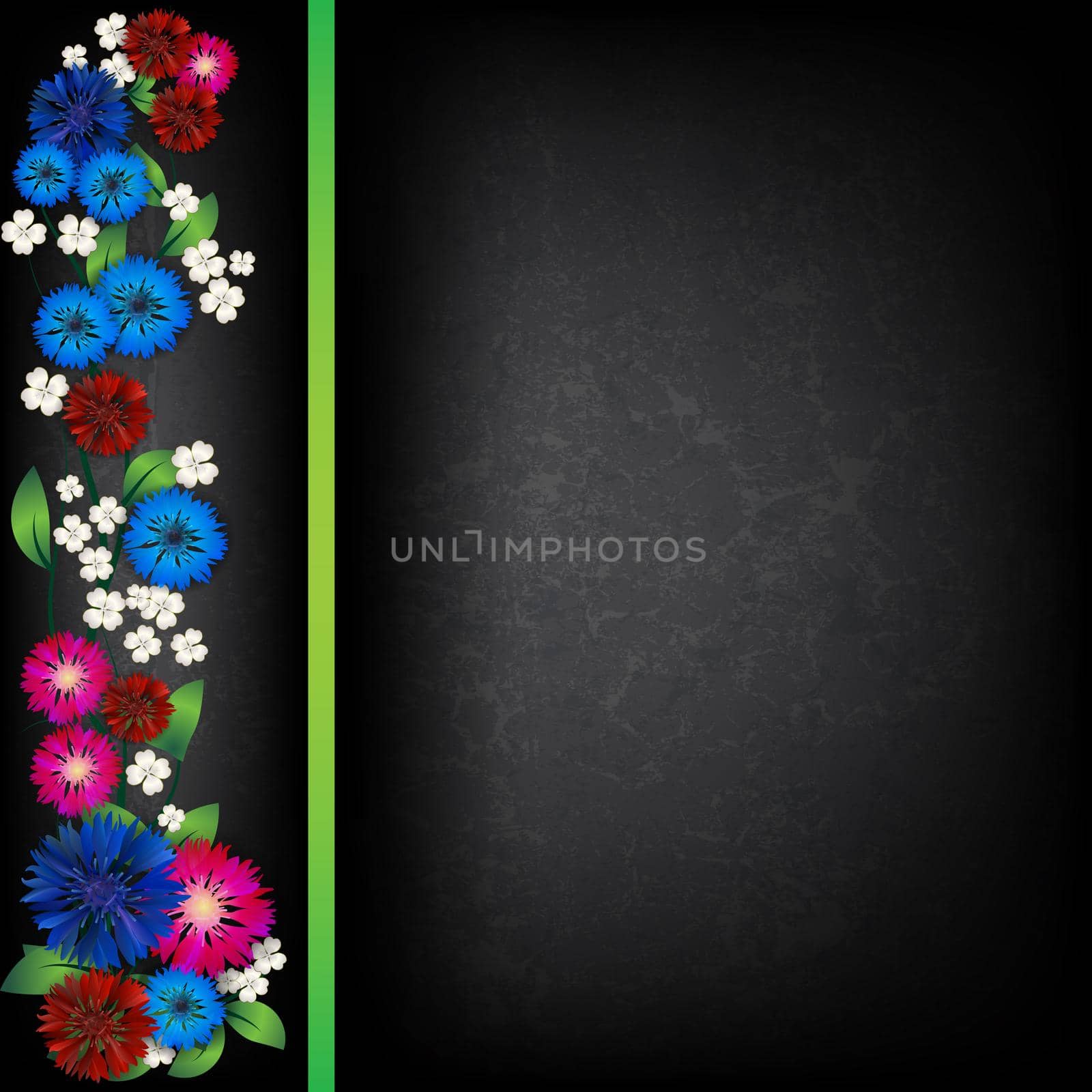 abstract floral ornament with cornflowers on grunge black background