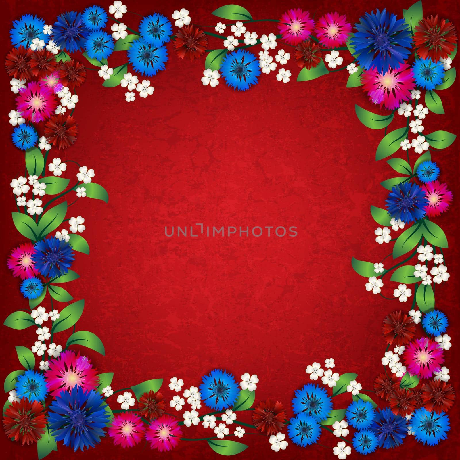 abstract floral ornament width cornflowers on red background