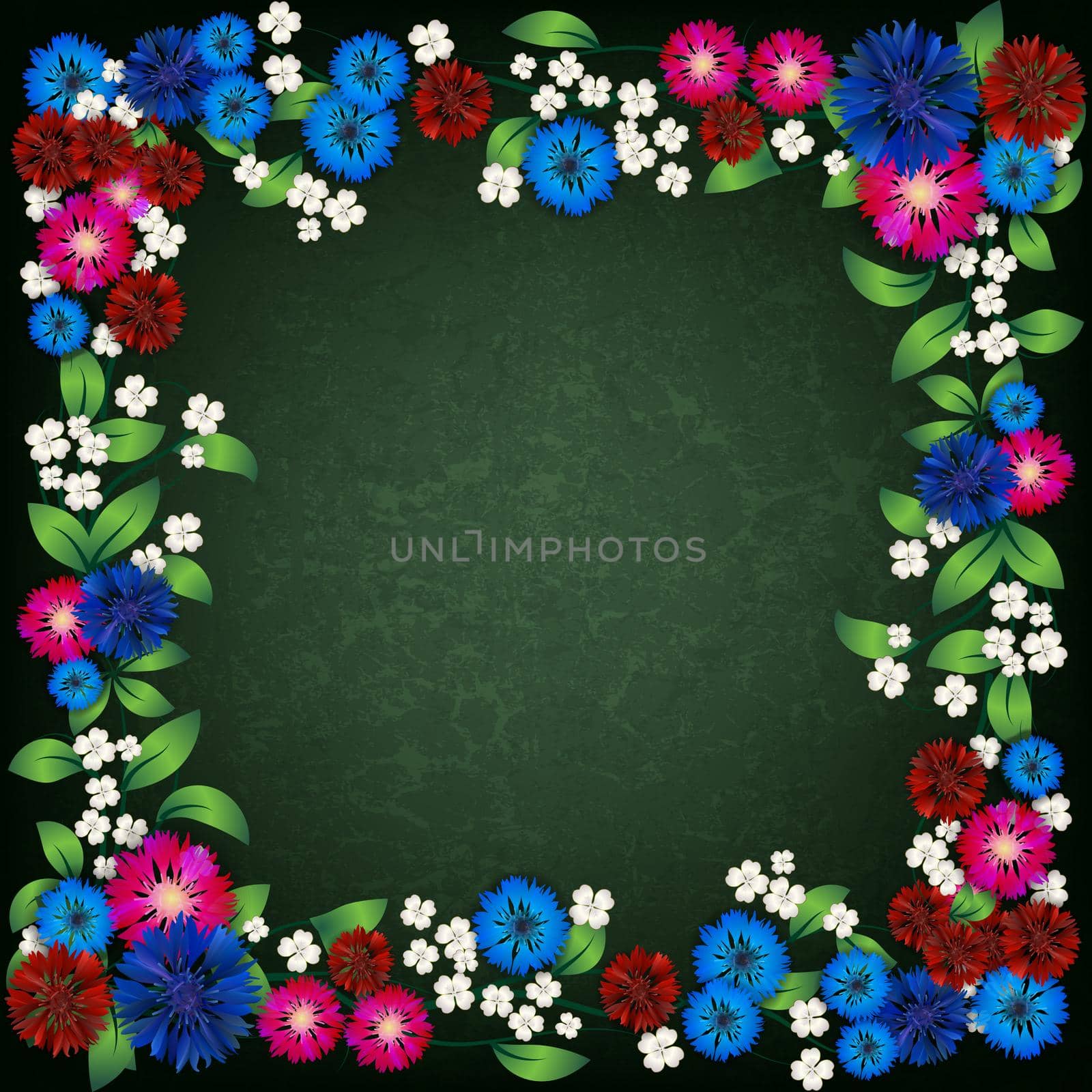 abstract floral ornament width cornflowers on green background