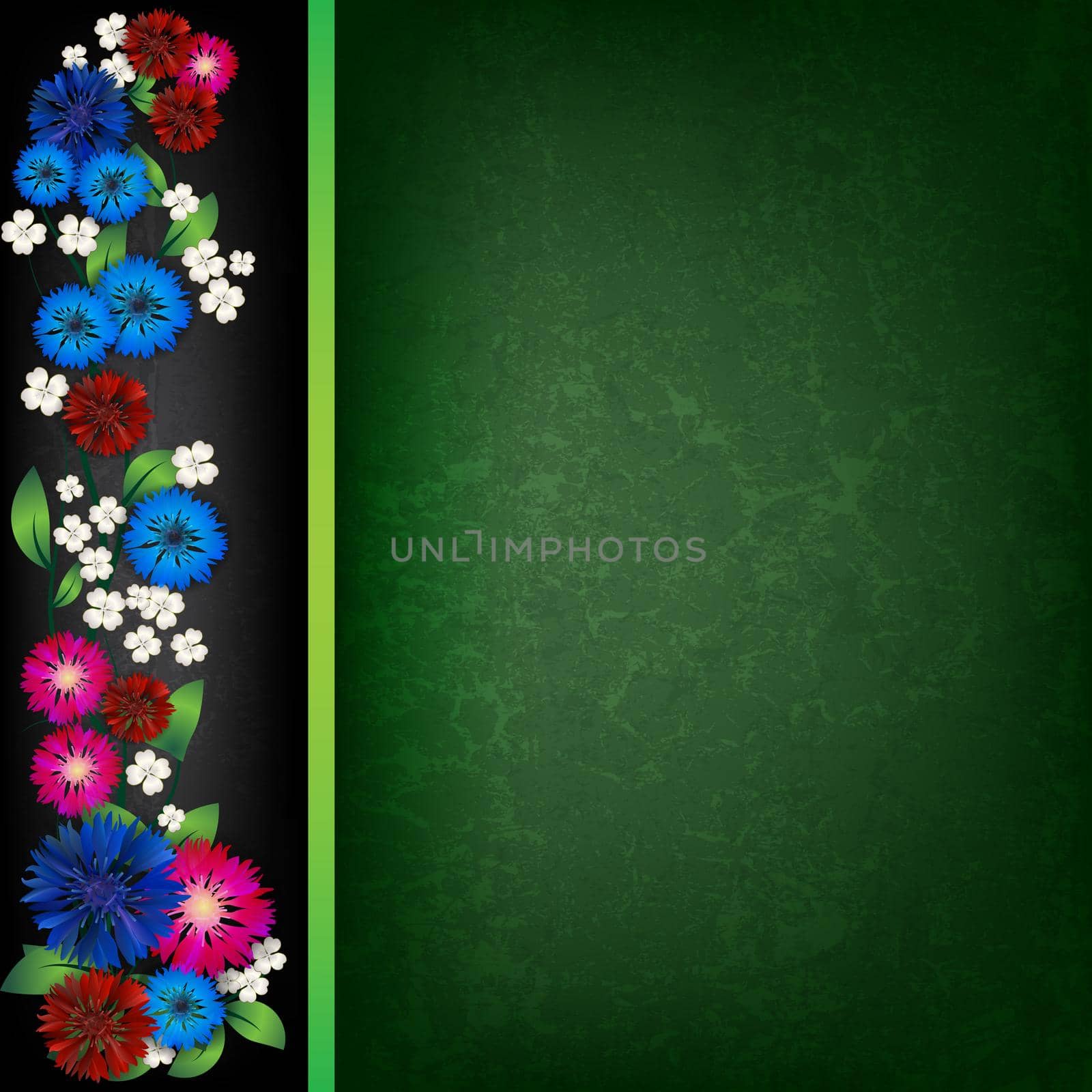 abstract green floral ornament with cornflowers on black background