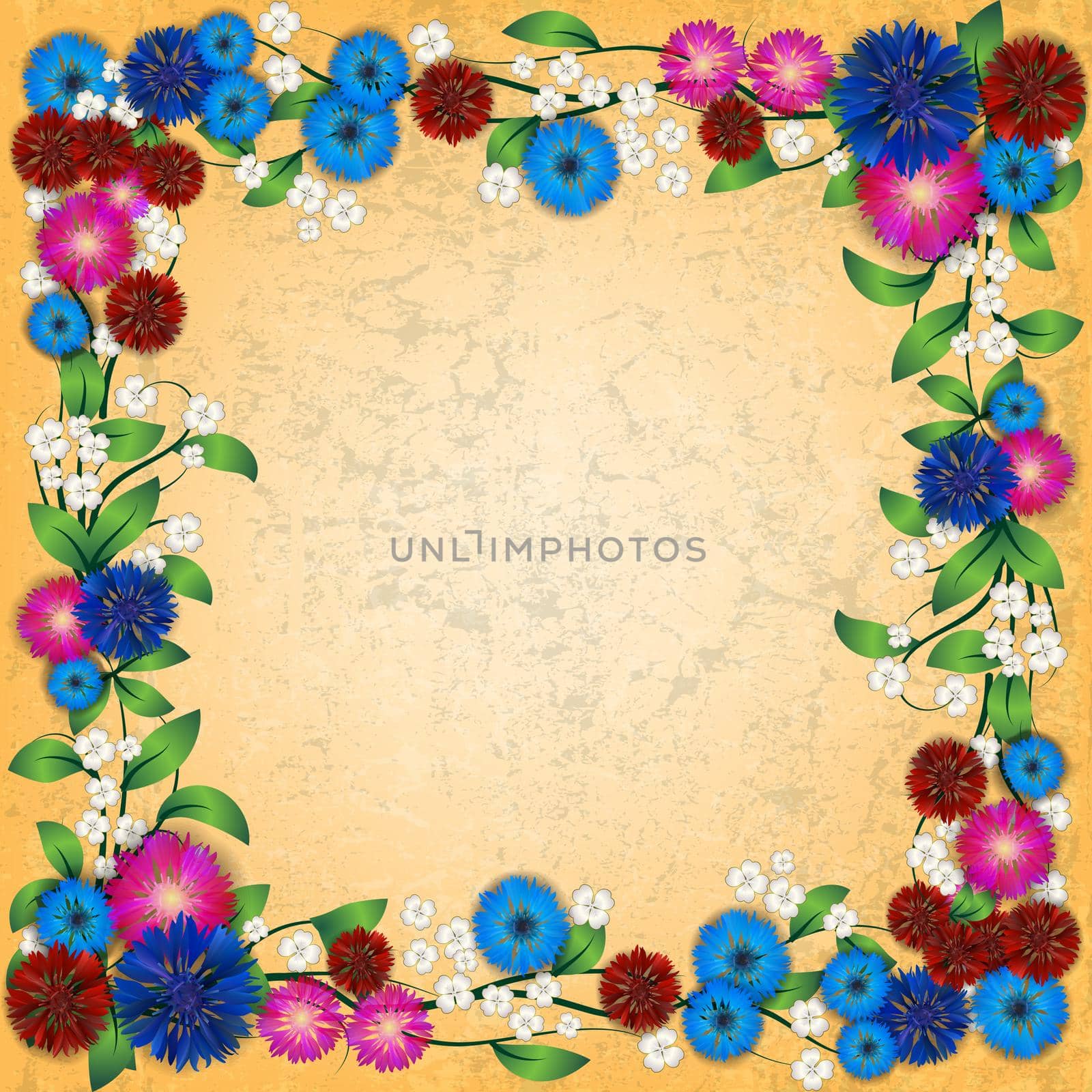 abstract floral ornament width cornflowers on yellow background