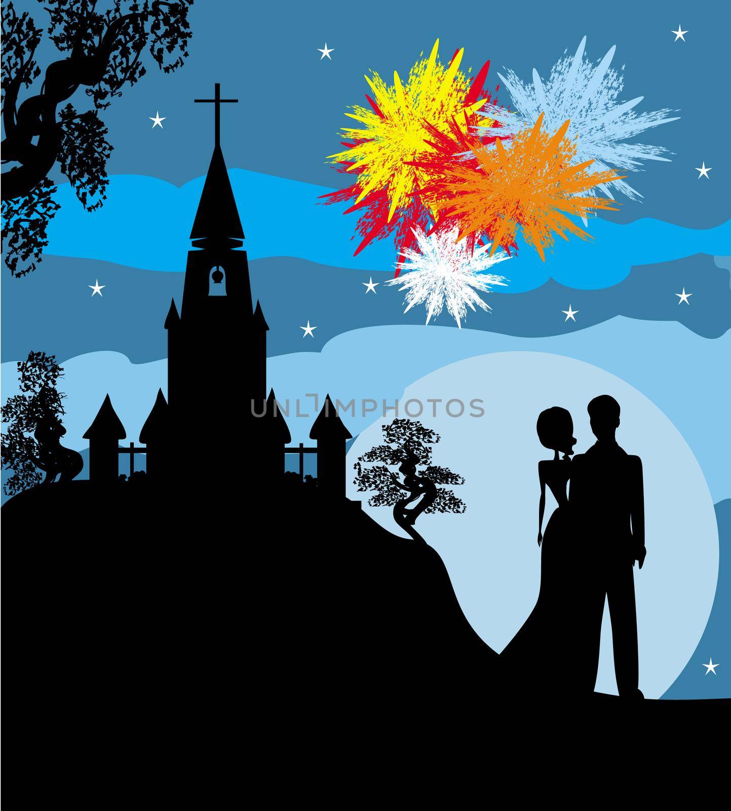 Bridal couple stand sorrounding by fireworks