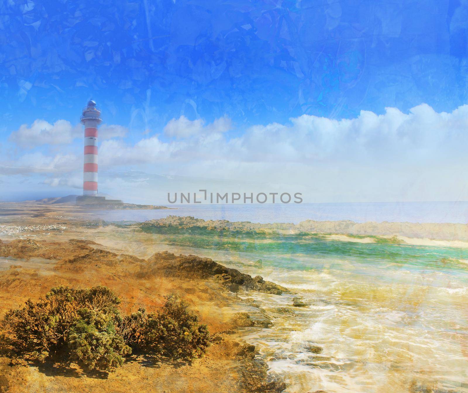 Day view of a old lighthouse on a rock island, grunge texture by JackyBrown