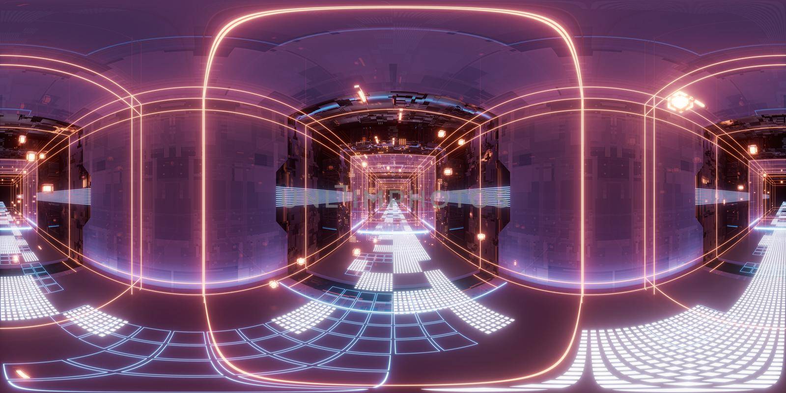 Digital cyberspace, sci-fi concept tunnel, 3d rendering. 360-degree seamless panoramic view. Computer digital drawing.