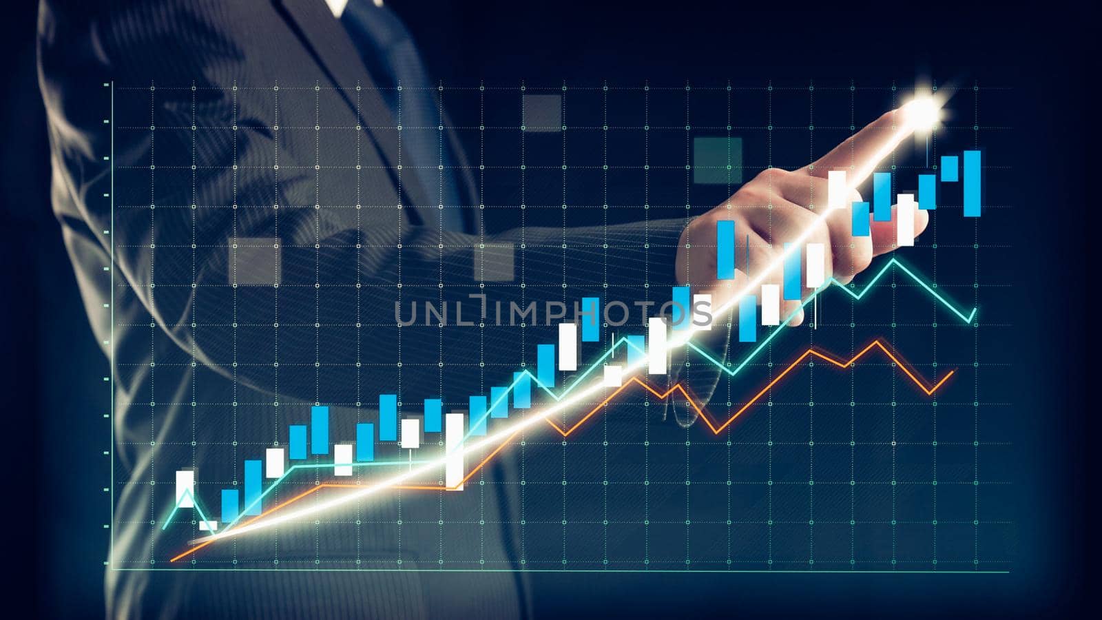 Businessman draw finance allusive graph chart showing business profit growth increasing to future target . Excellent financial status of corporate business rise up . Finance and money technology .