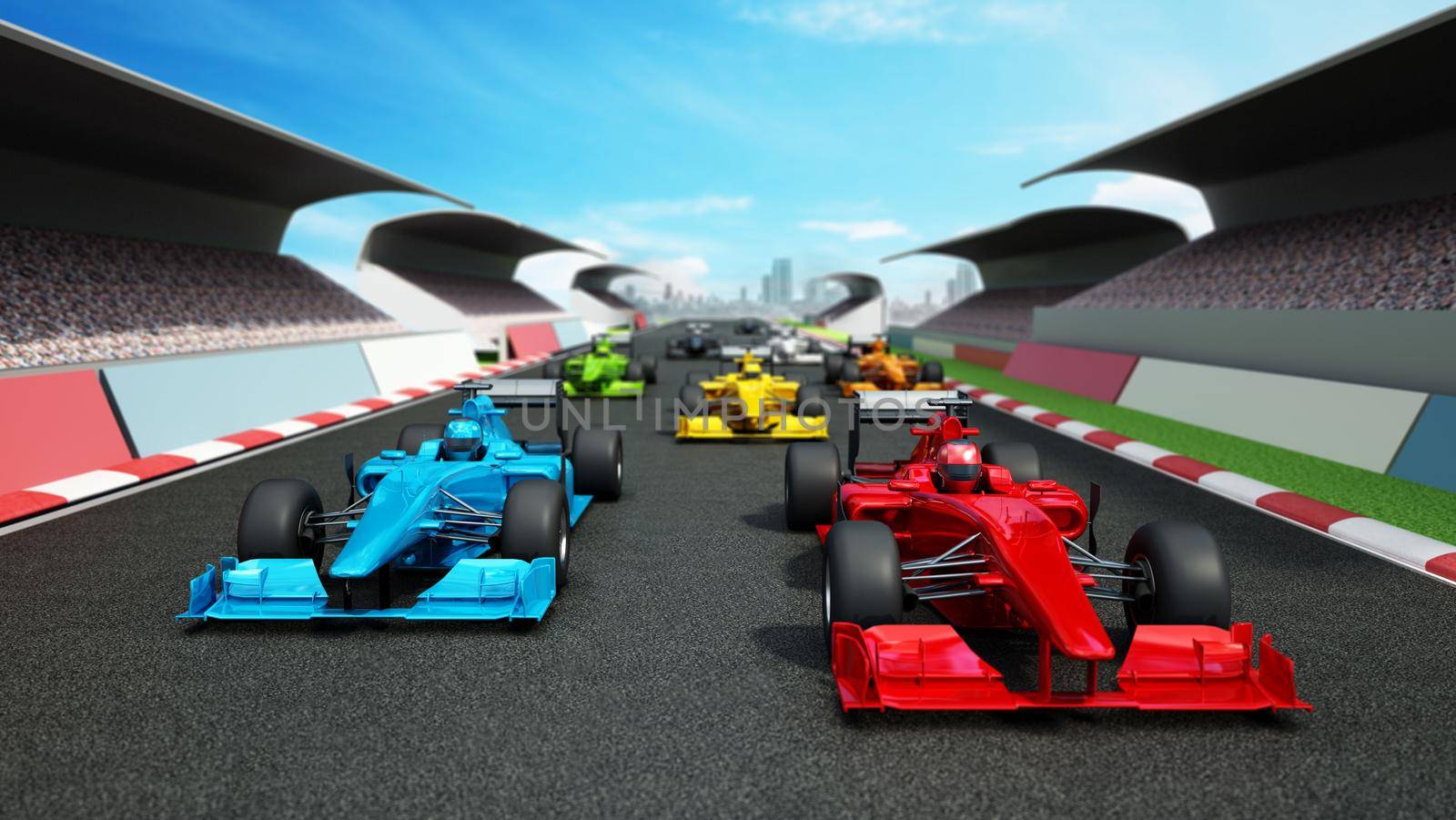 Brandless racing cars on the race track. 3D illustration.