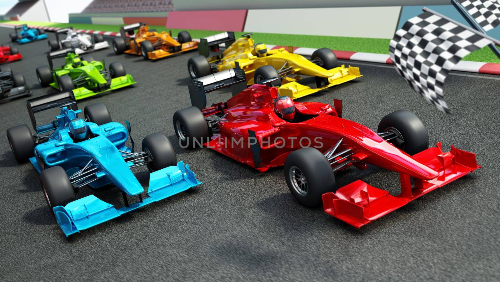 Racing cars on the track with waving checkered flag. 3D illustration.