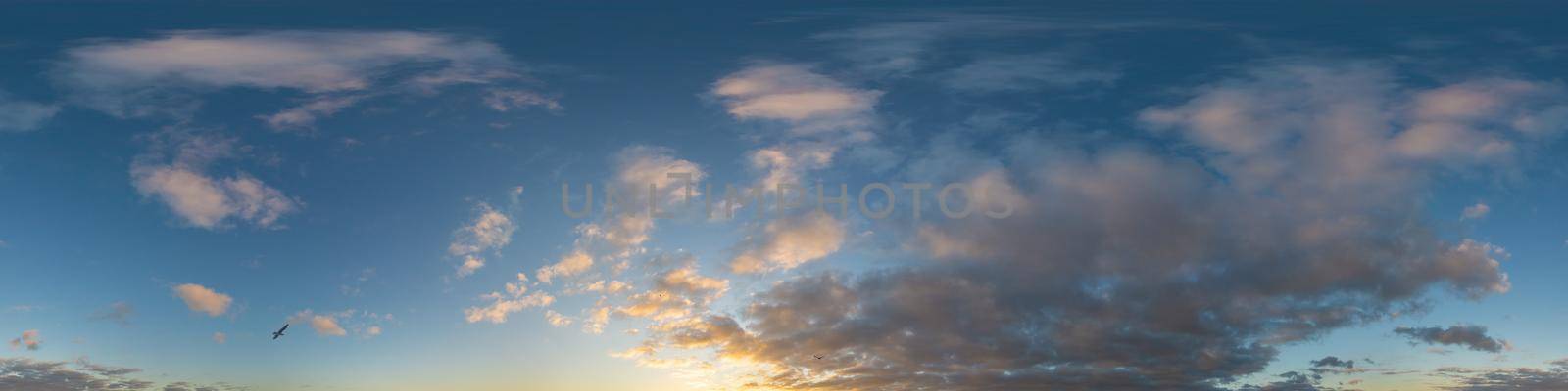 Panorama of a dark blue sunset sky with golden Cumulus clouds. Seamless hdr 360 panorama in spherical equiangular format. Full zenith for 3D visualization, sky replacement for aerial drone panoramas. by Matiunina