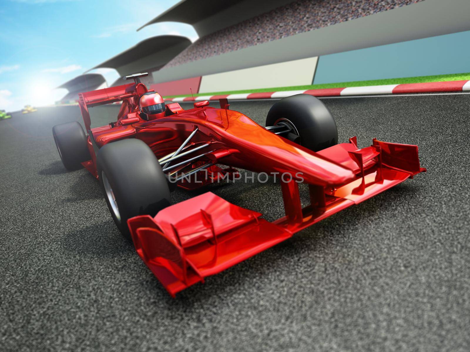 Red racing car on the track. 3D illustration by Simsek
