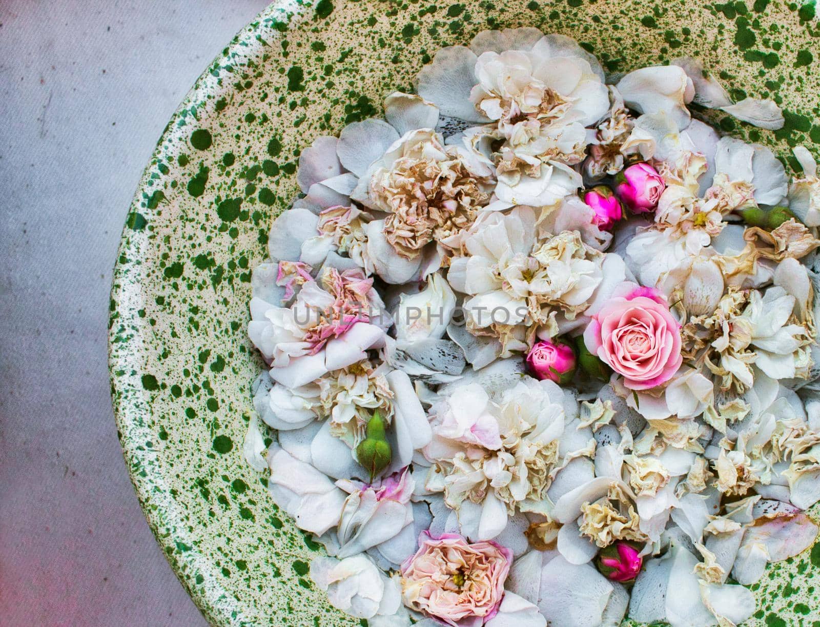 Rose petals in water in a ceramic bowl