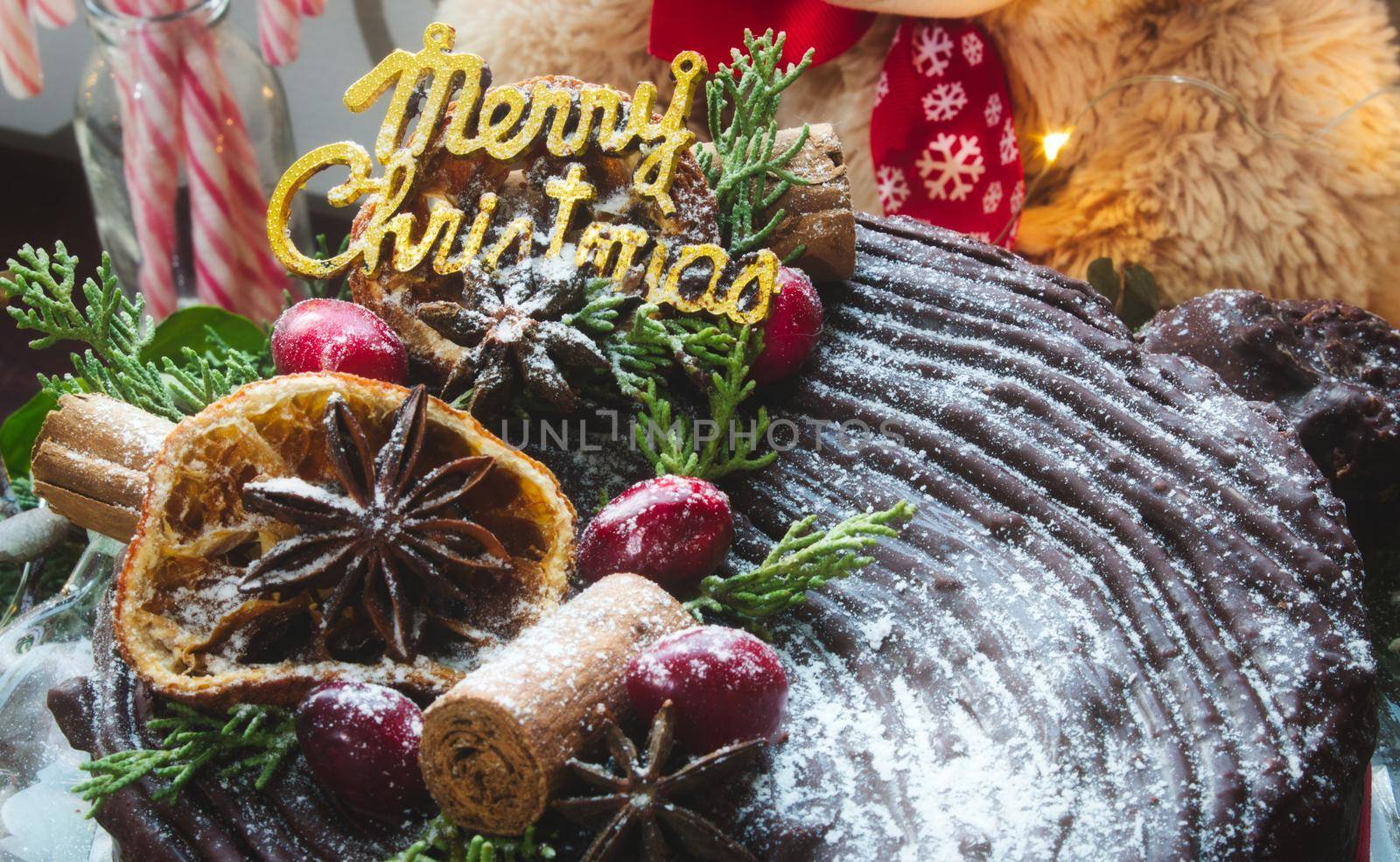 Merry Christmas gold lettering on a chocolate gateau cake by tennesseewitney