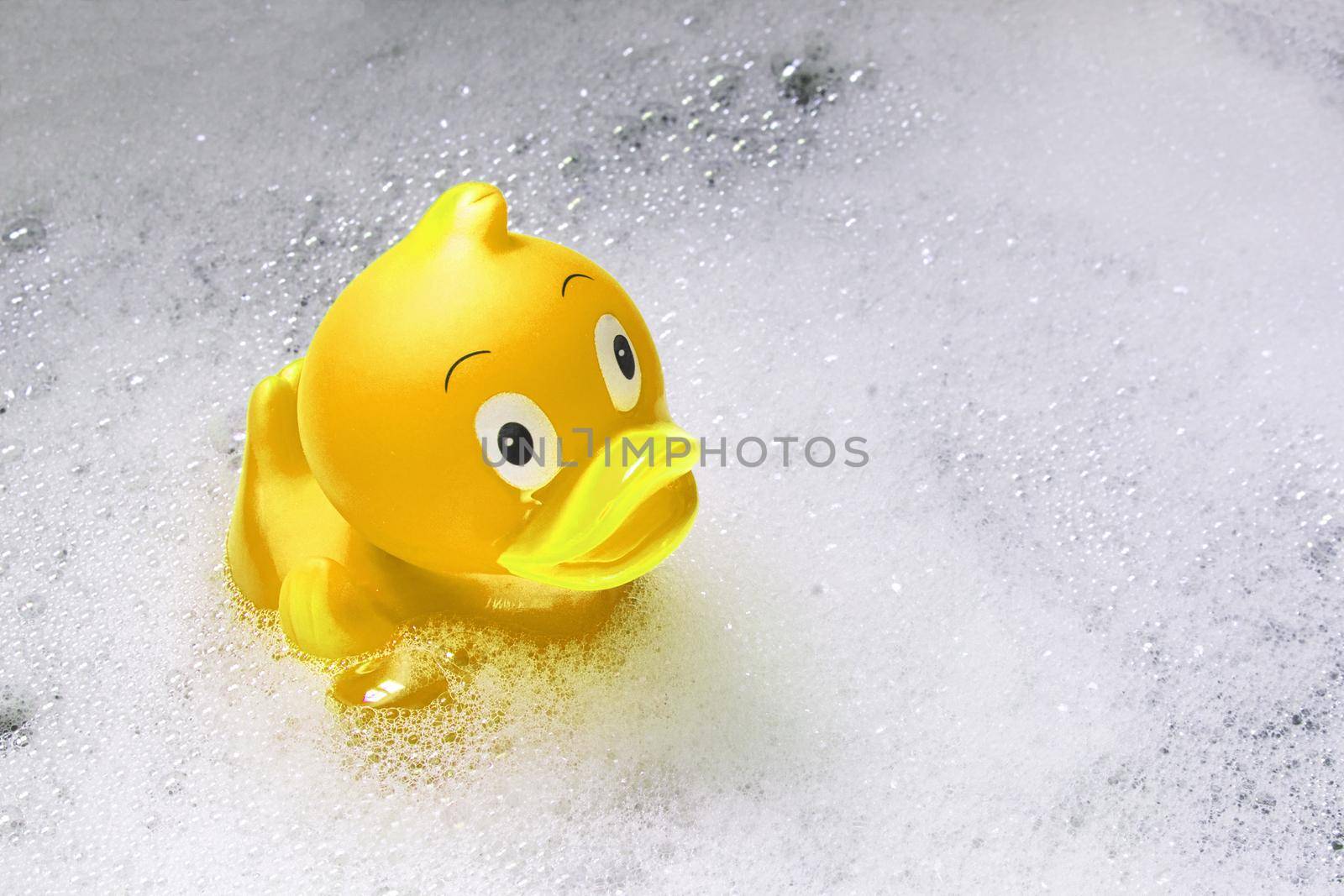 Yellow toy rubber duck among the soap bubbles in the bath