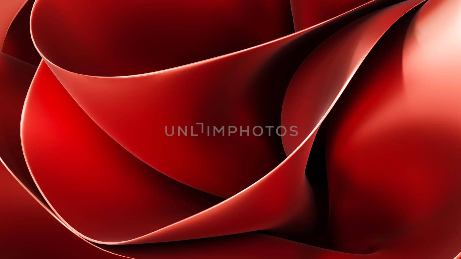 Luxury red background with drapery, pleated fabric. Metallic rose abstract flower fashion wallpaper with wavy layers, 3d rendering