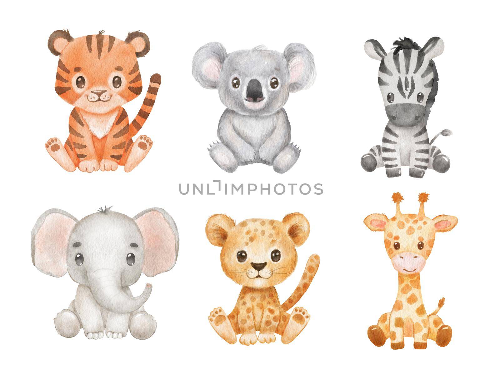 Cute portraits tiger, koala, elephant in cartoon style. Drawing african baby zebra and giraffe isolated on white background. Set of sitting Jungle animals by ElenaPlatova