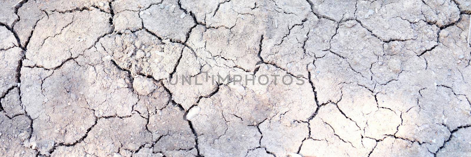 Cracked dry gray earth, close-up of soil erosion. Environmental disaster, drought and crop failure. Environment, hot air