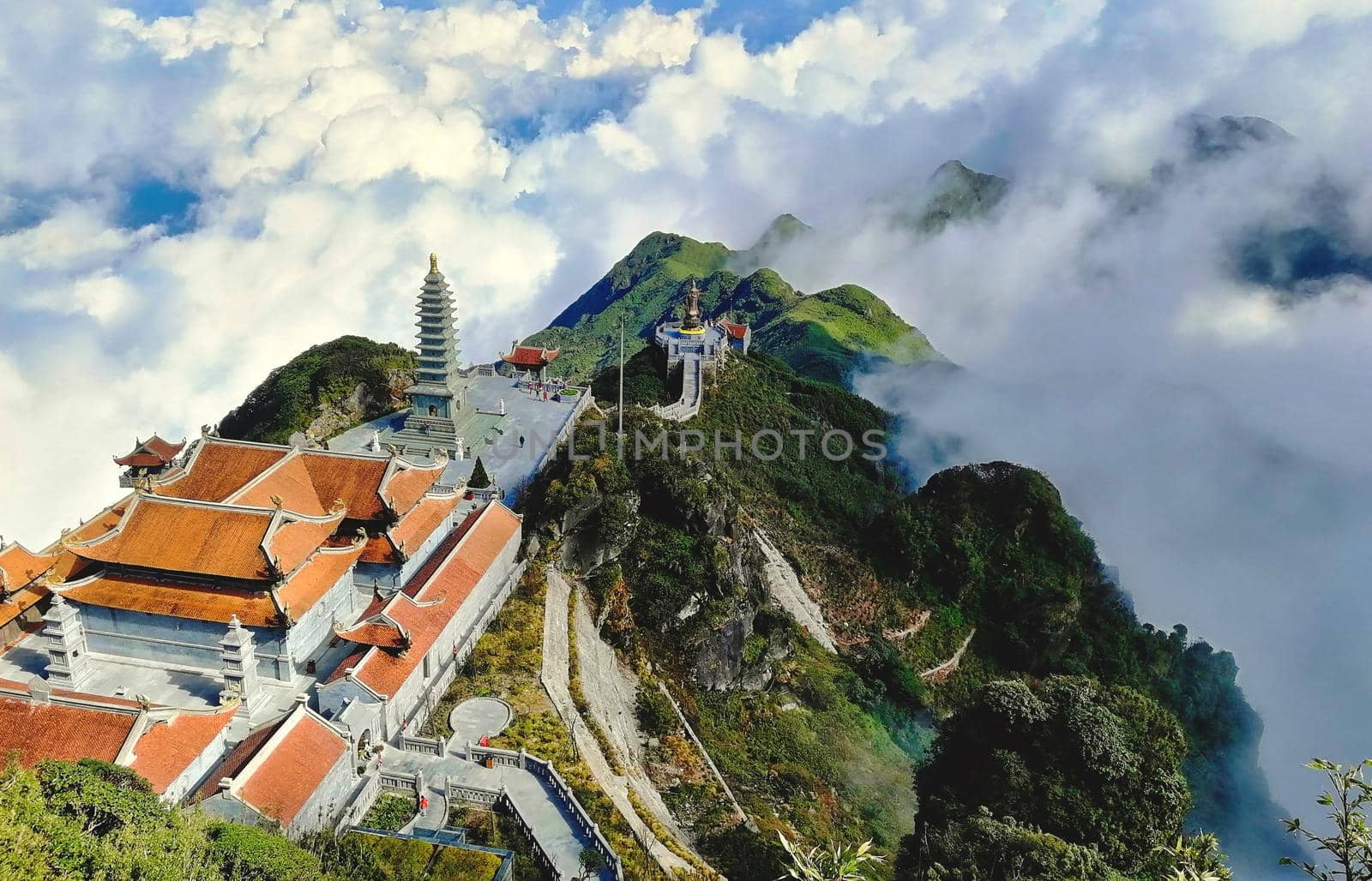 Stunning aerial view of the temples on Fansipan mountain in the Lào Cai province in Vietnam