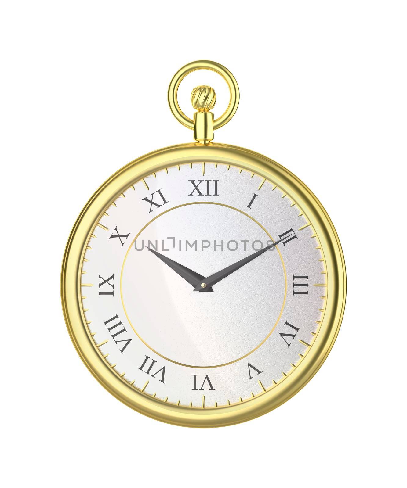 Luxury golden pocket watch isolated on white background, front view