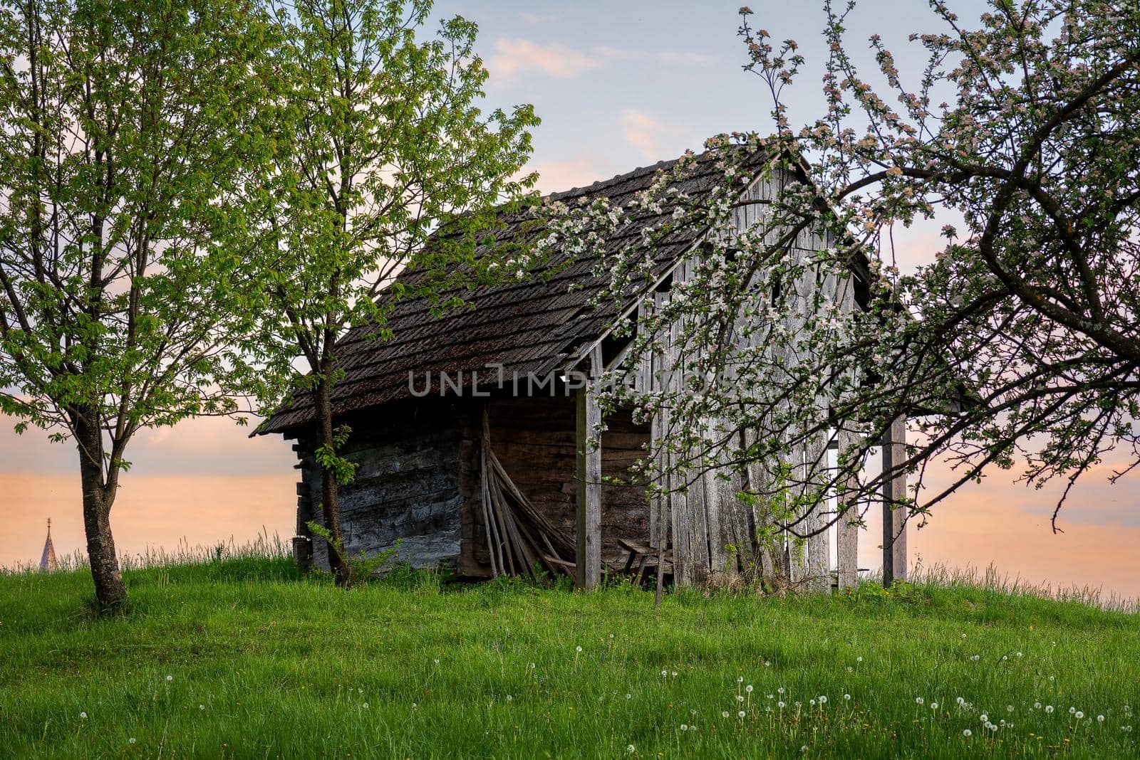 Old cabin view and sunset in Alps, landscape photo of an old building