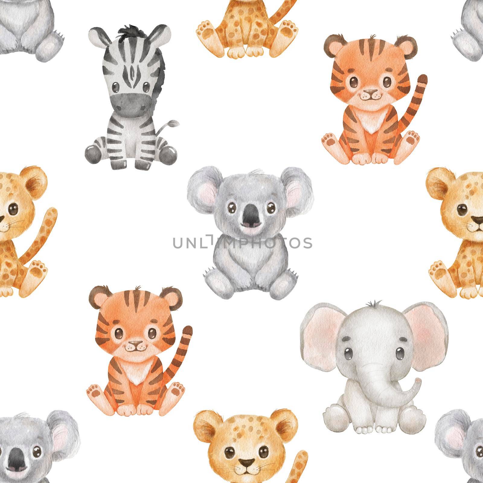 Seamless pattern with cute animals in cartoon style. Drawing african baby koala and elephant isolated on white background. Watercolor sweet tiger for kids. Jungle animal