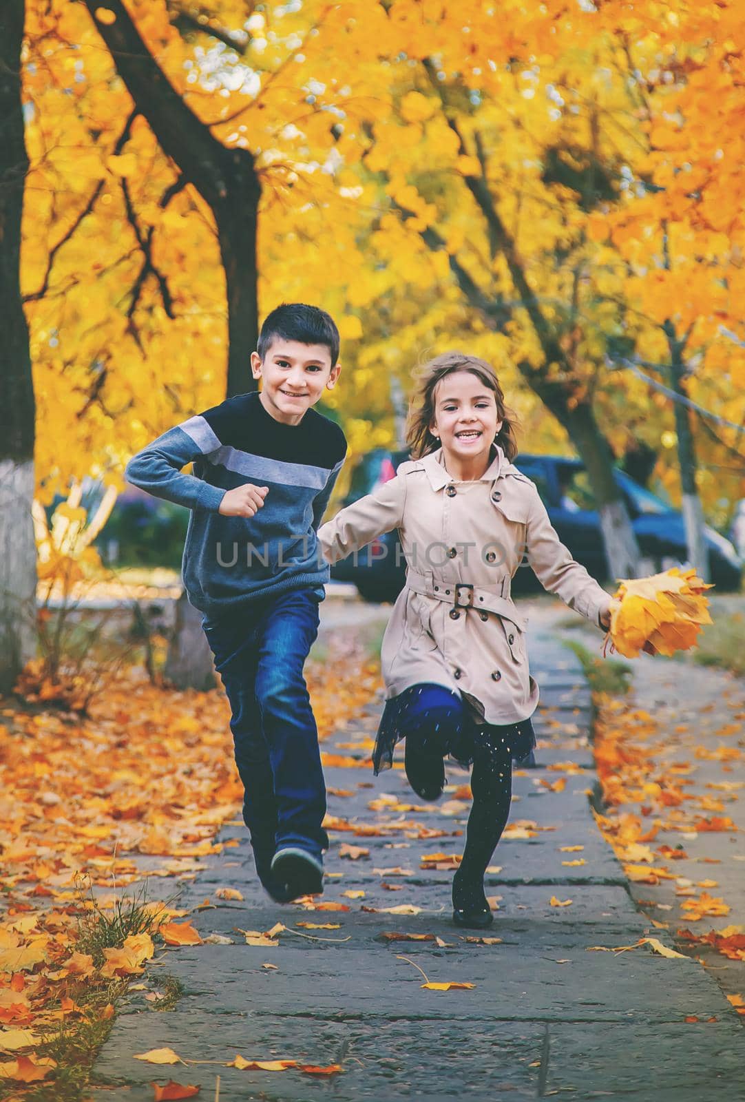 Children in the park with autumn leaves. Selective focus.