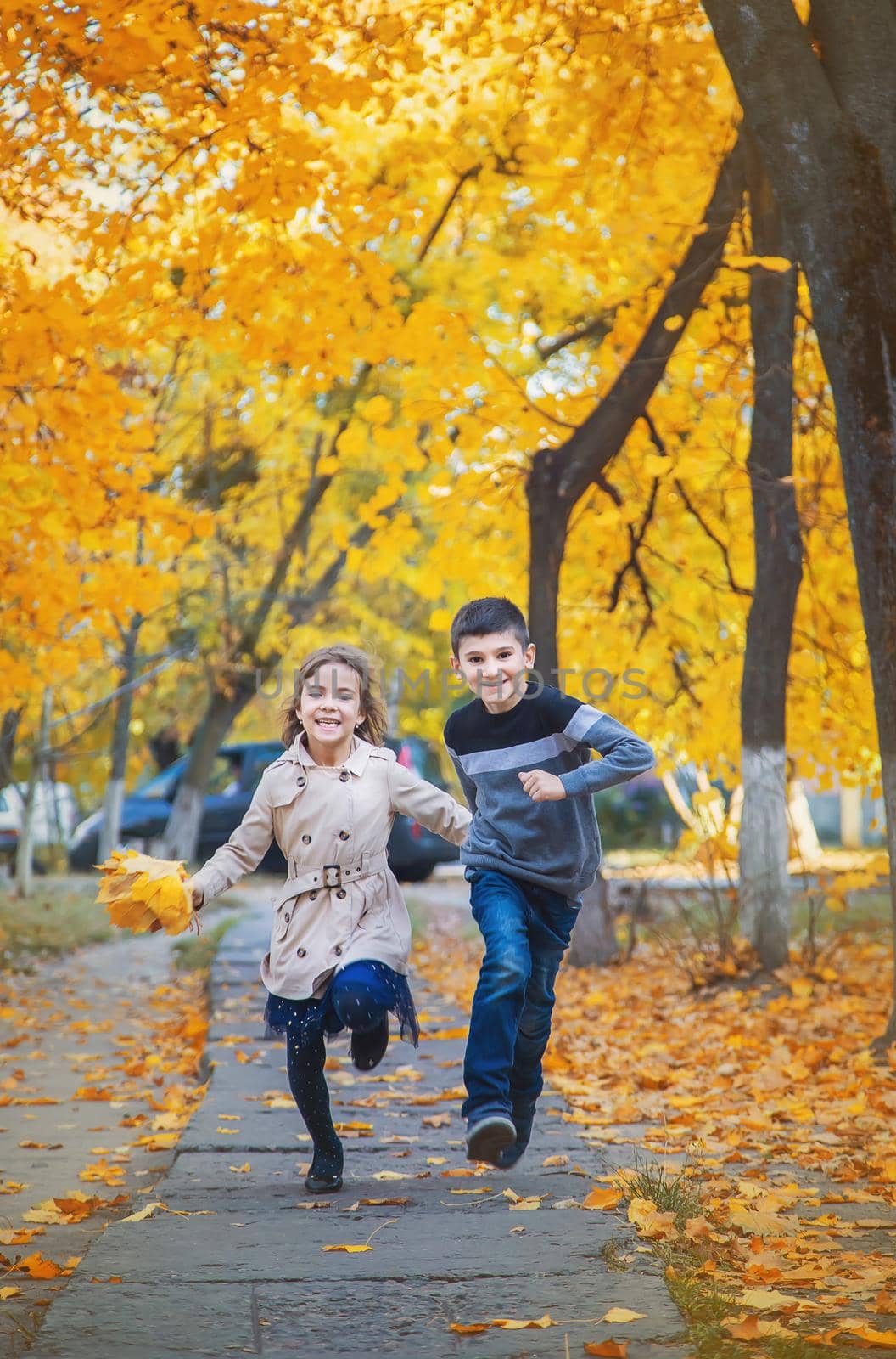 Children in the park with autumn leaves. Selective focus. by yanadjana