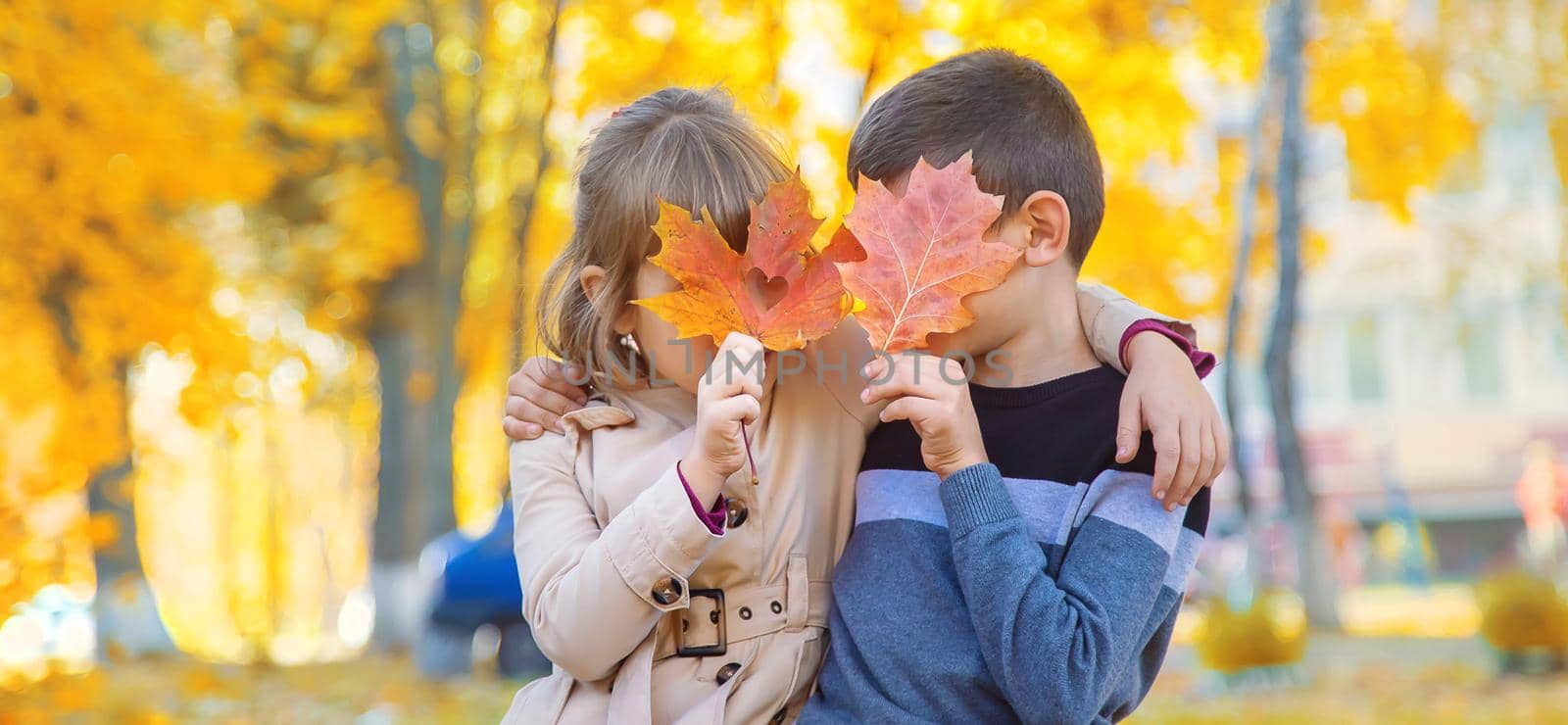 Children in the park with autumn leaves. Selective focus.