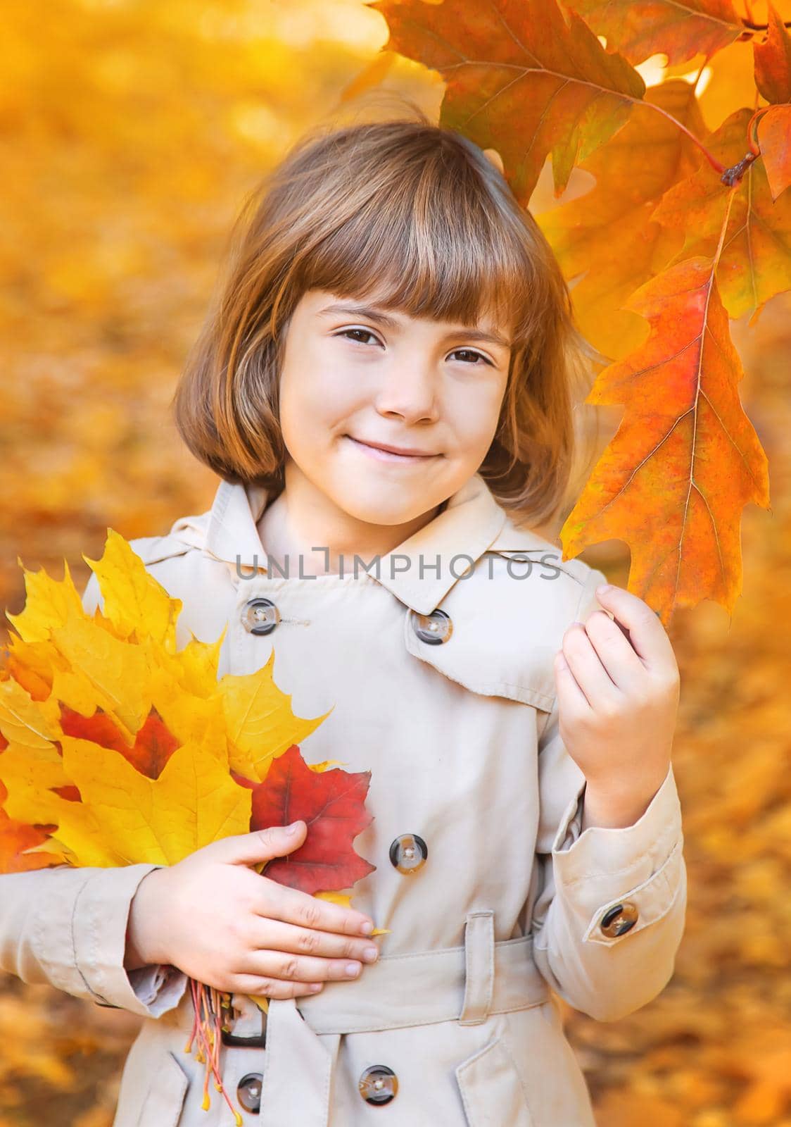 Children in the park with autumn leaves. Selective focus.