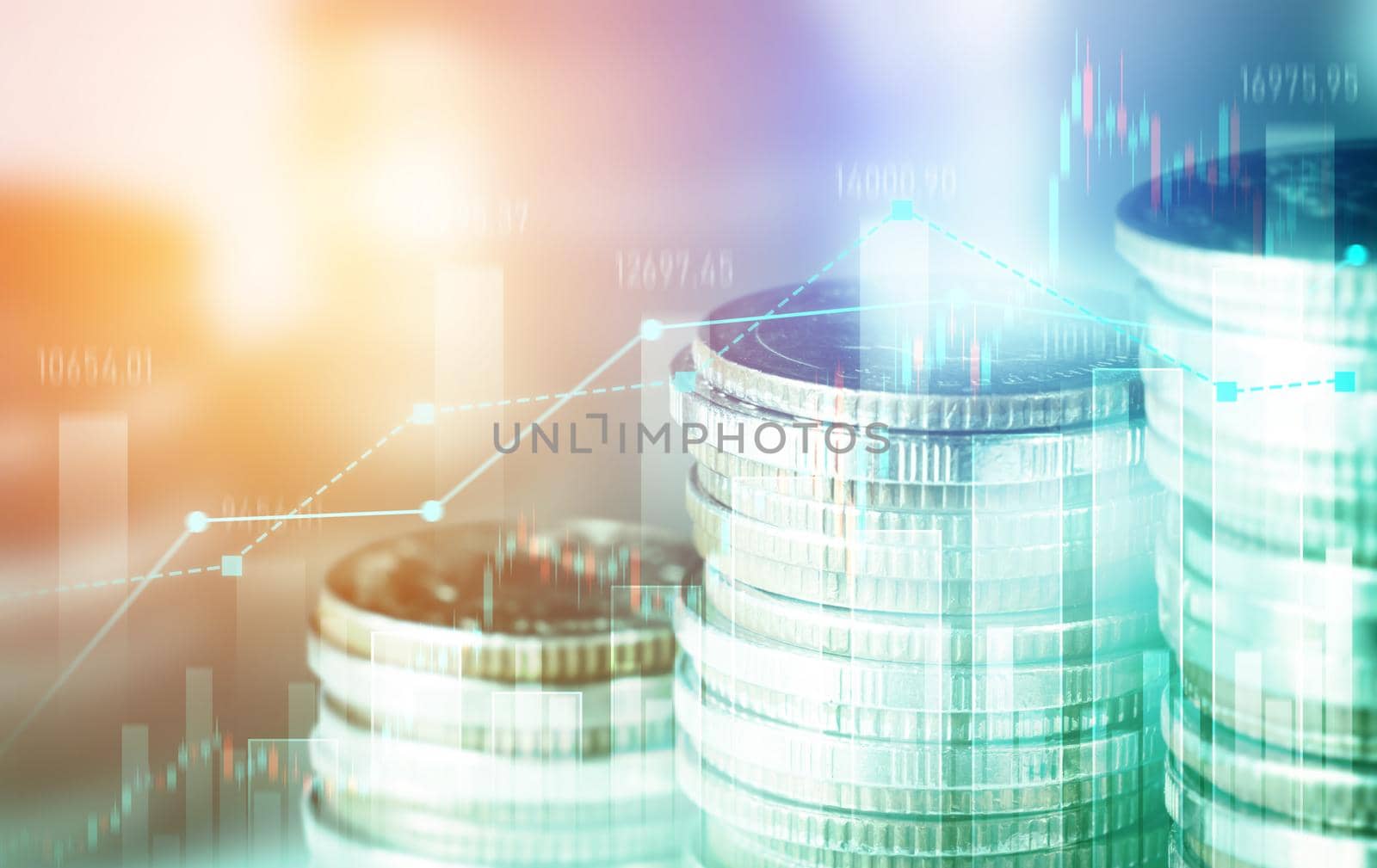 Finance and money technology background concept of business prosperity and asset management . Creative graphic show economy and financial growth by investment in valuable asset to gain wealth profit .