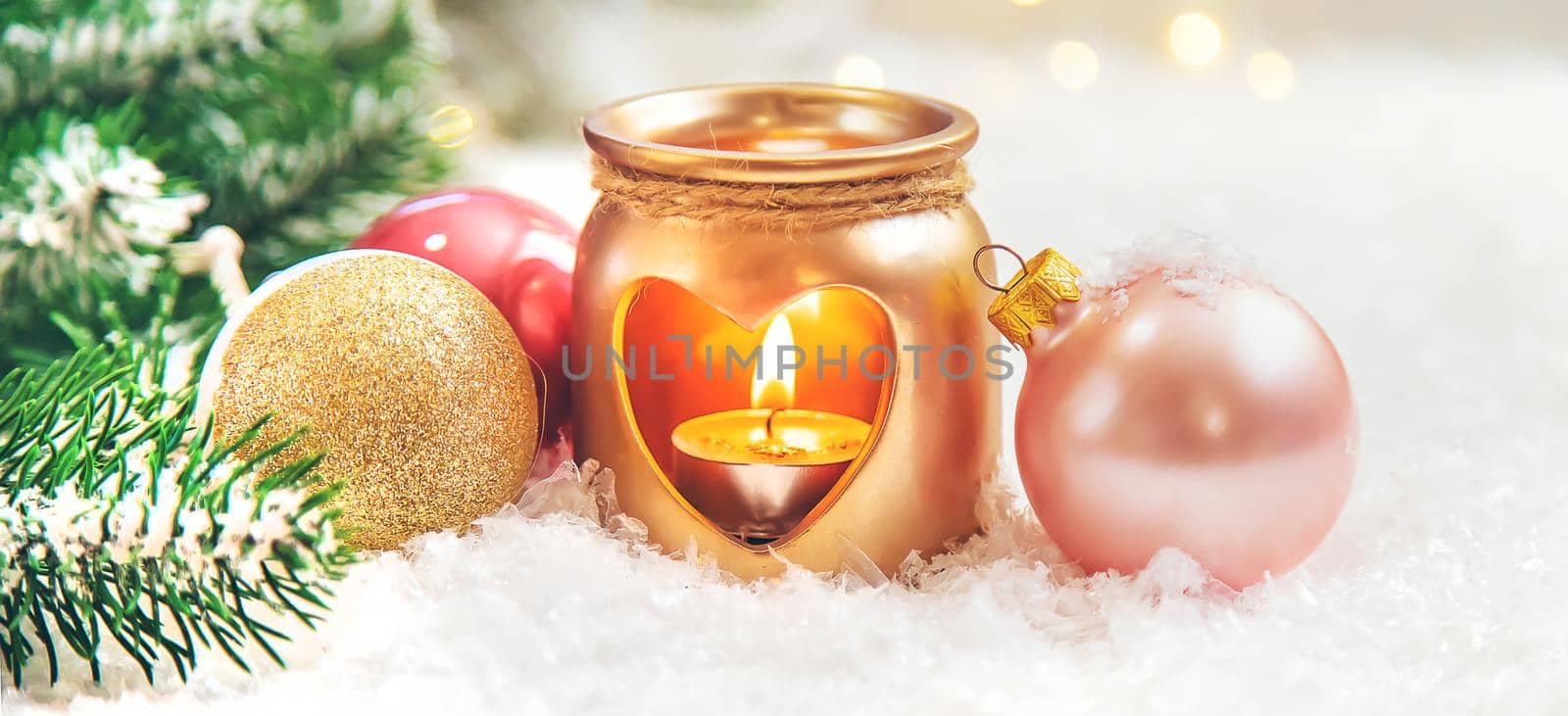 Beautiful christmas background with decor. Selective focus. Holiday.