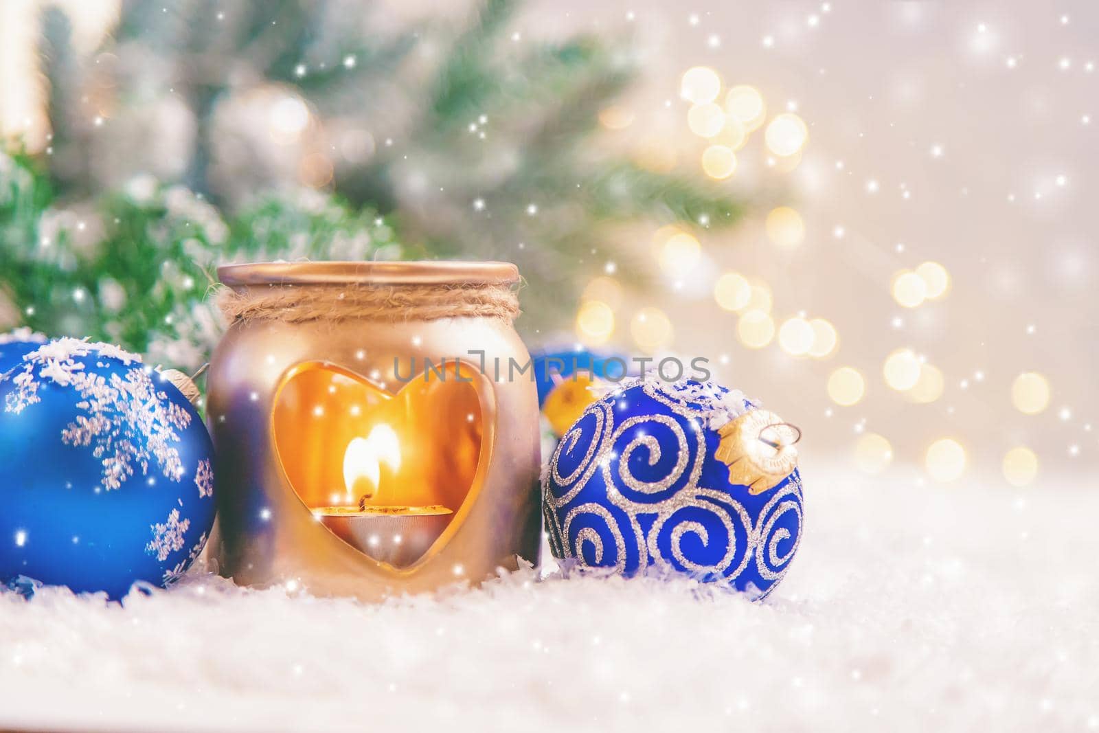 Beautiful christmas background with decor. Selective focus. Holiday.