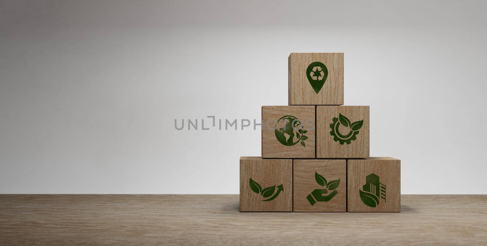 Carbon ecological footprint symbols wooden cubes 3D Rendering