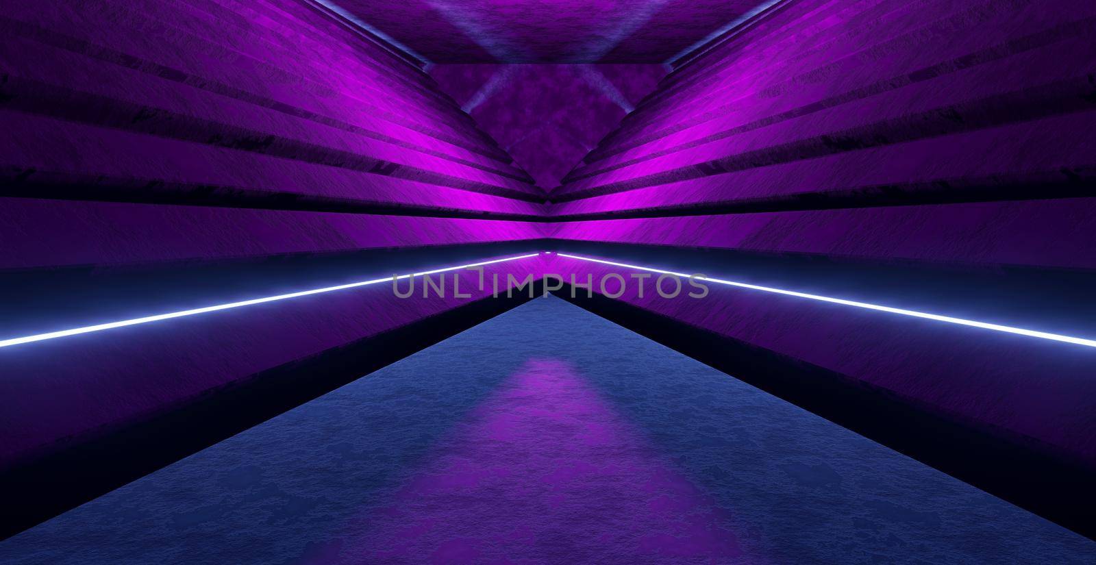 Sci-Fi Concrete Cement Panels Underground Tunnel Spotlight Dark Purple Background 3D Rendering