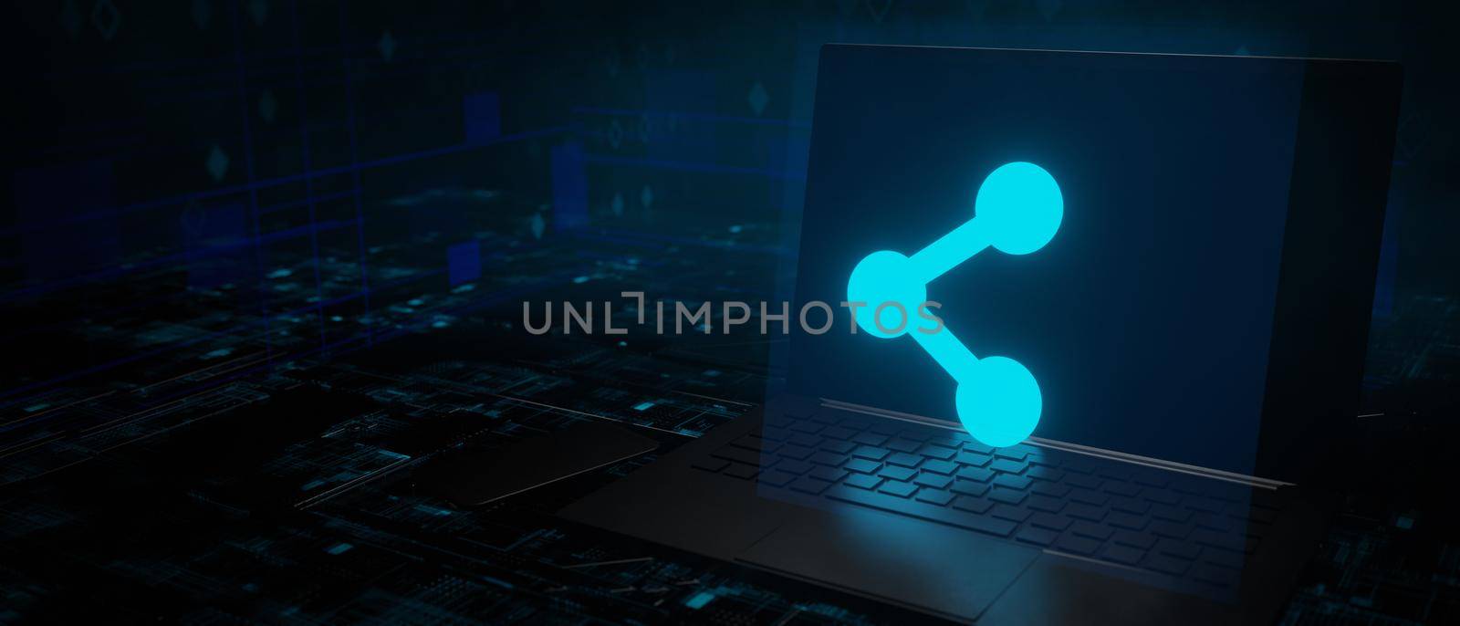 Share digital network glowing icon in laptop technology 3D render