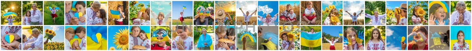 Collage of photos on the theme of Ukraine. Selective focus. child.