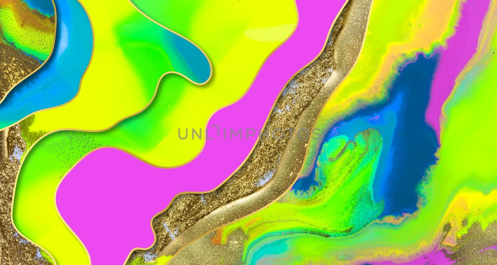 Gold dust and waves on fluorescent inks background