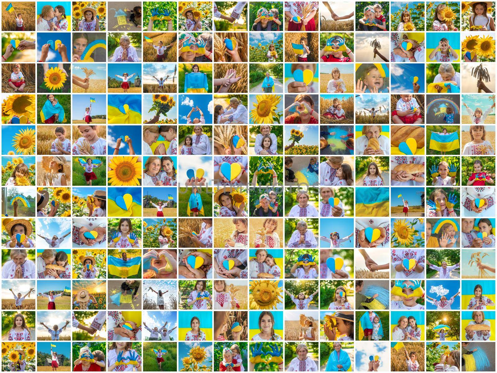 Collage of photos on the theme of Ukraine. Selective focus. child.