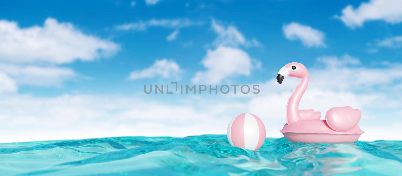 Tropical summer concept design of inflatable flamingo on the sea with blue sky 3D render by Myimagine