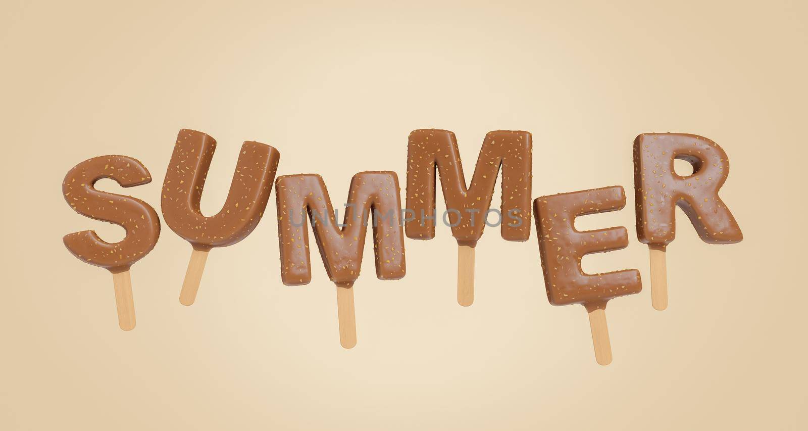 Creative 3D rendering of Summer letter ice cream bars with chocolate glaze against beige background