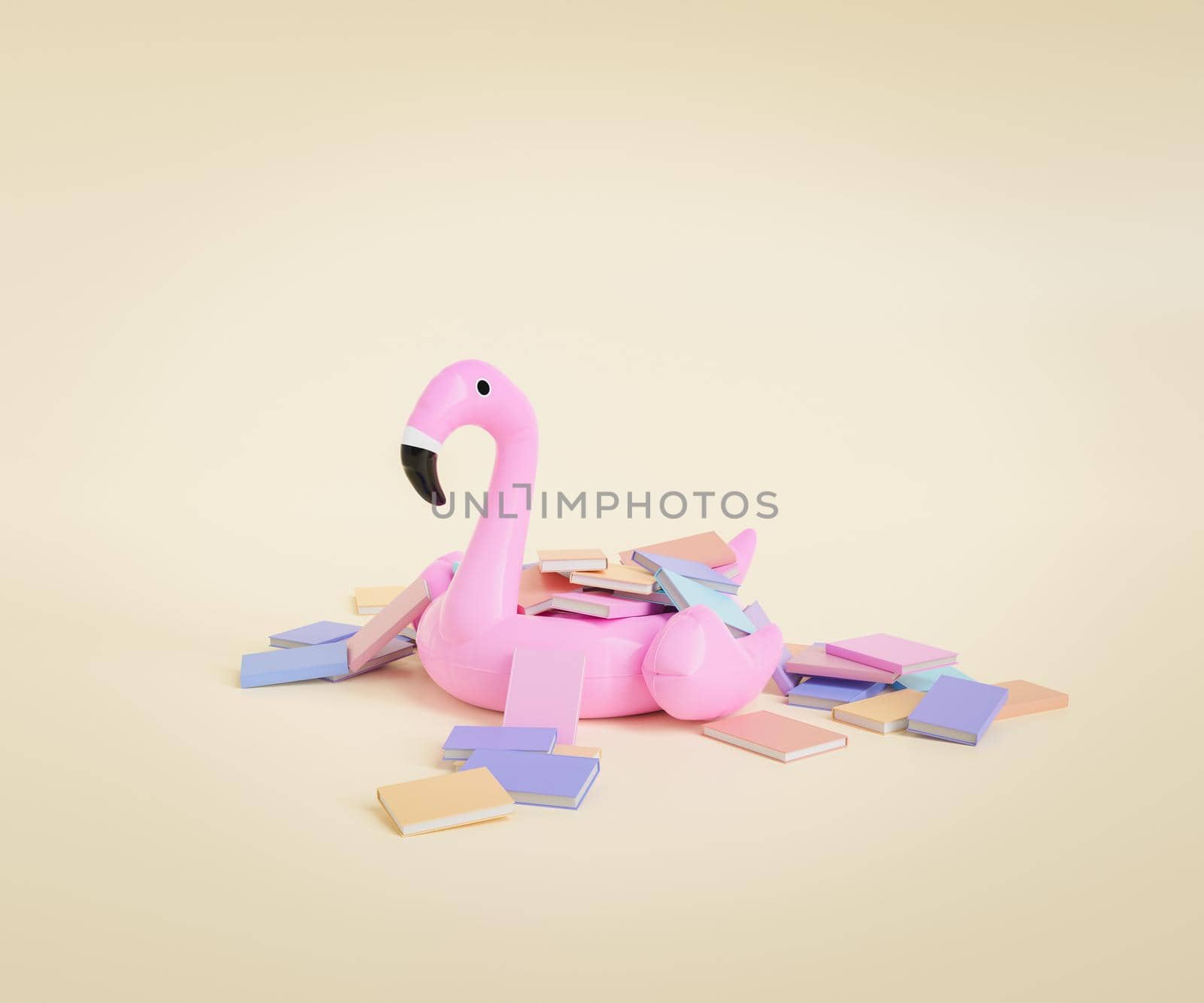 3D rendering of notebooks with colorful covers scattered around pink inflatable flamingo against beige background