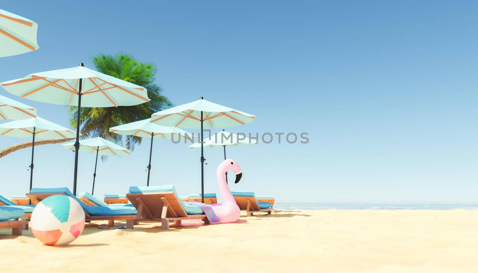 3D rendering of inflatable ball and flamingo placed on sandy beach near sunbeds and umbrellas against cloudless blue sky on sunny summer day