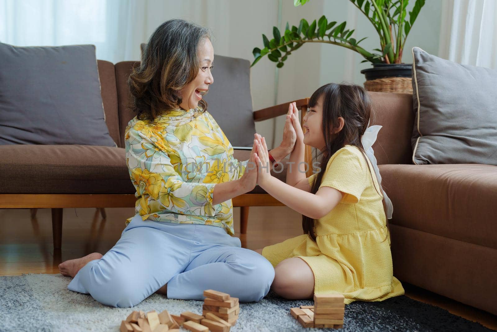 Asian portrait, grandma and granddaughter doing leisure activities and hugging to show their love and care for each other.