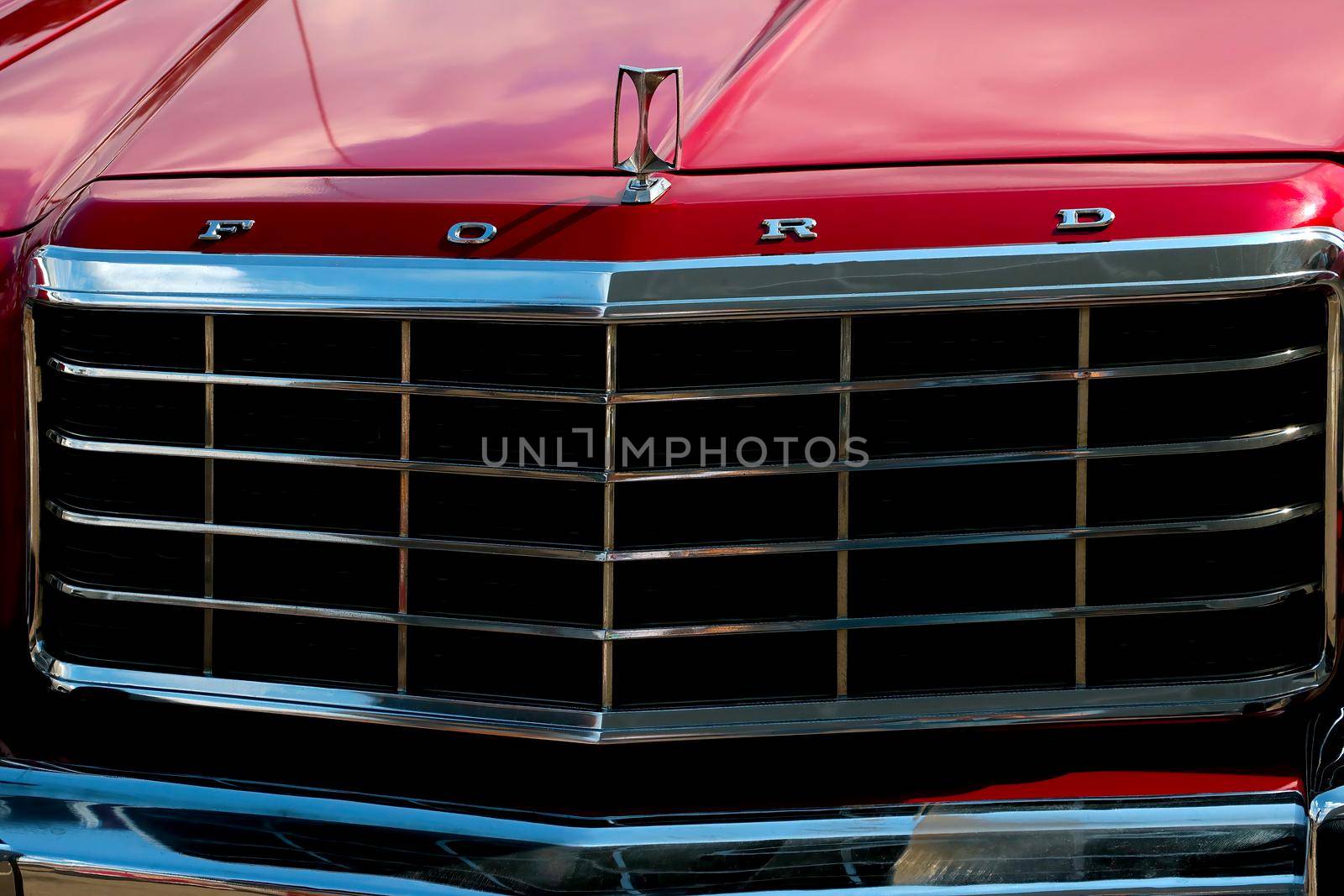 Wroclaw, Poland, August 25, 2021: front view of a red old Ford car