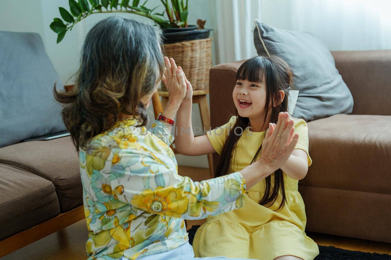 Asian portrait, grandma and granddaughter doing leisure activities and hugging to show their love and care for each other.