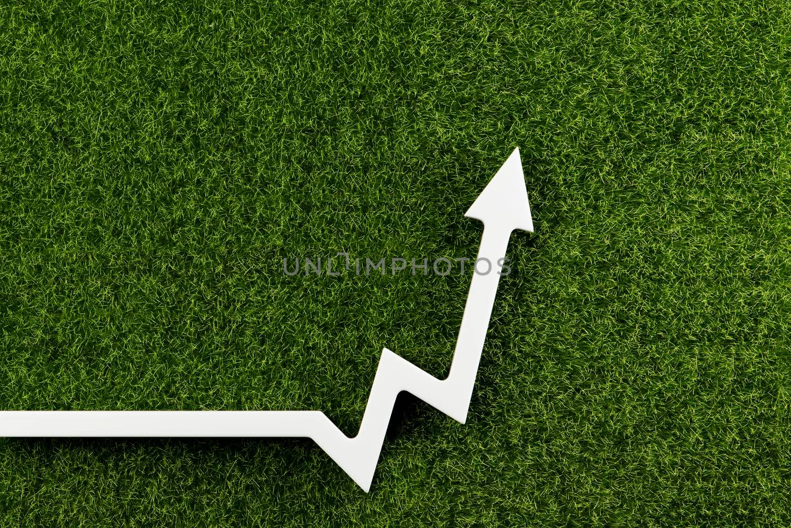 White chart arrow on green grass points up. Business development symbol, ecology concept, green energy. by SERSOL