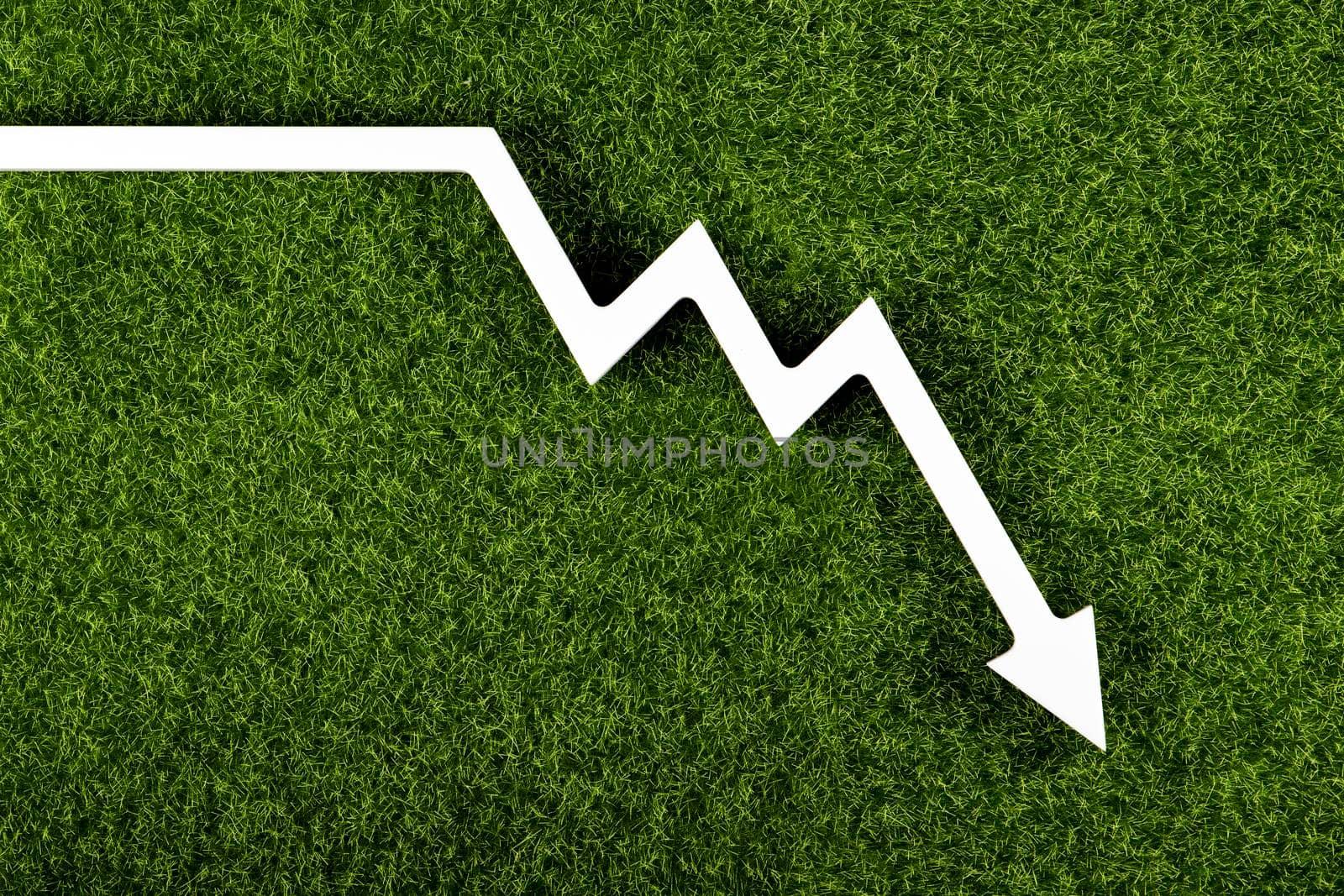 White chart arrow on green grass pointing down. Business loss symbol, ecology concept, green energy spending. by SERSOL