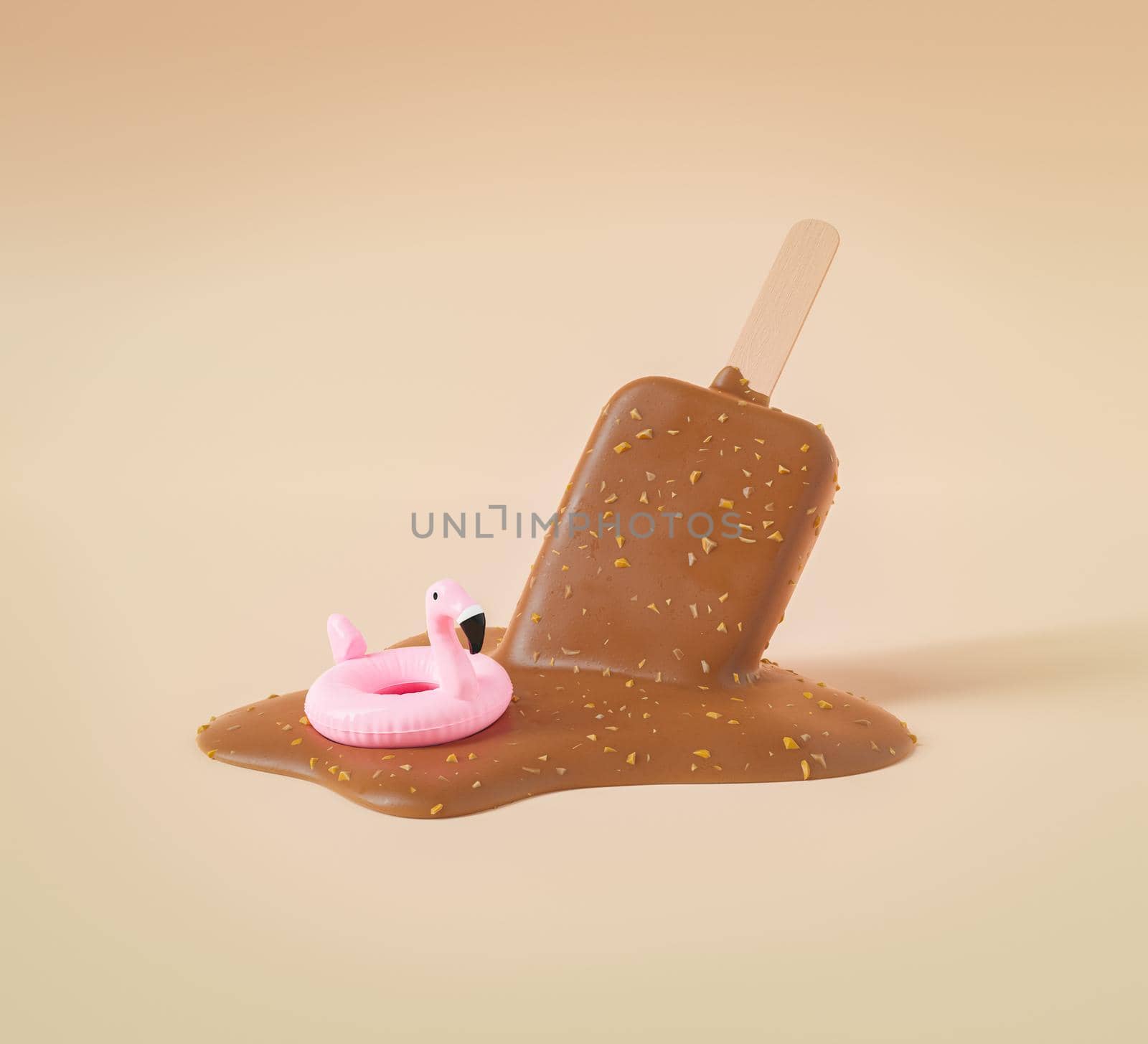 Melted chocolate ice cream on stick with miniature inflatable flamingo by asolano