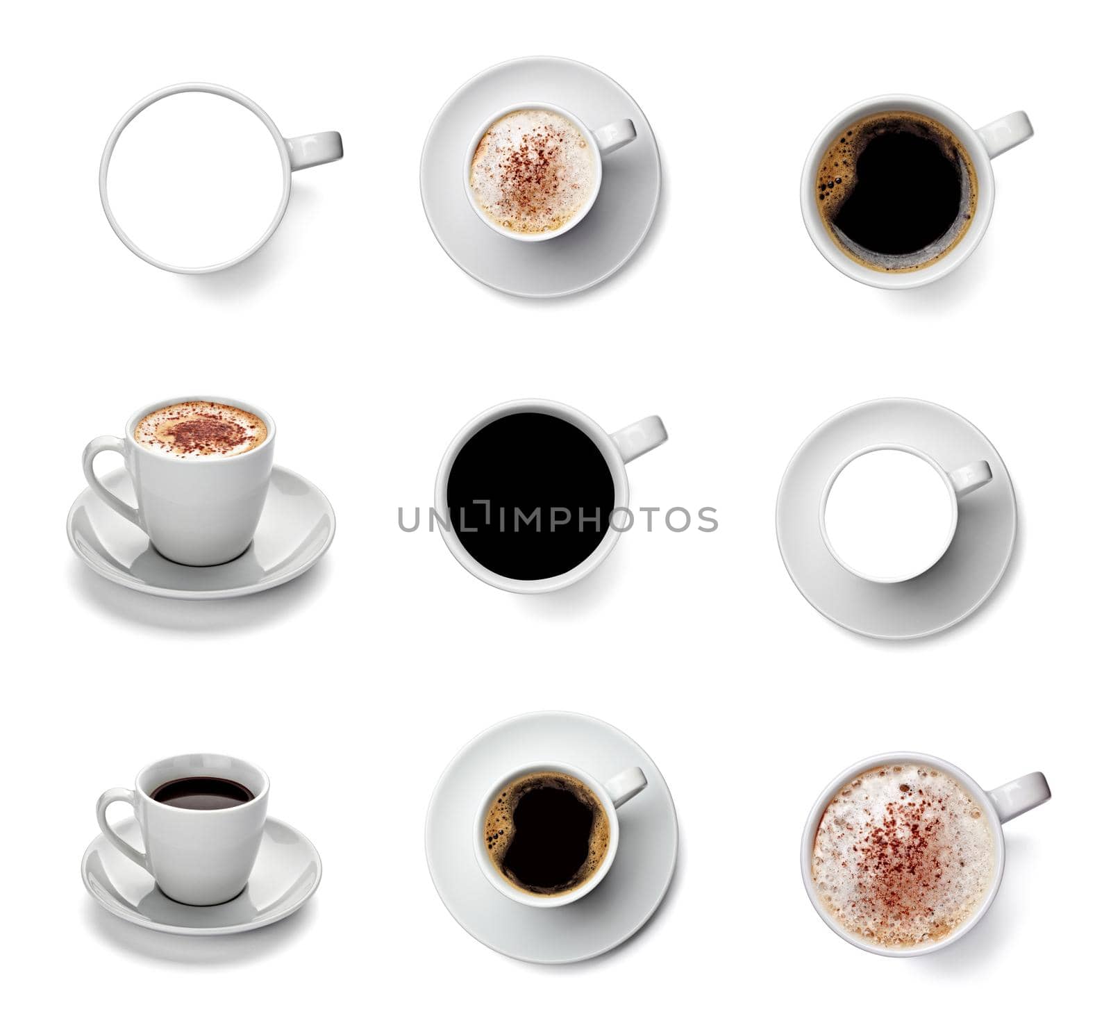 collection of various coffee cup on white background. each one is shot separately