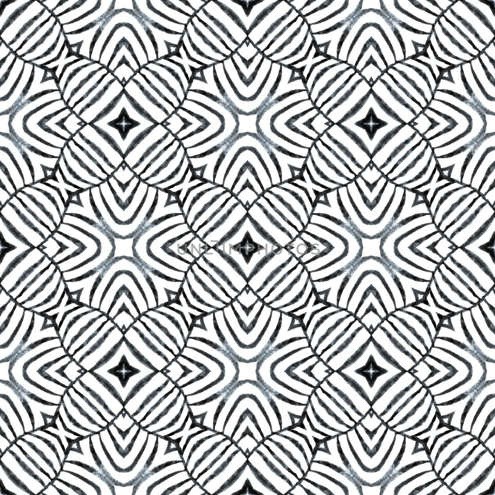 Textile ready fresh print, swimwear fabric, wallpaper, wrapping. Black and white immaculate boho chic summer design. Medallion seamless pattern. Watercolor medallion seamless border.